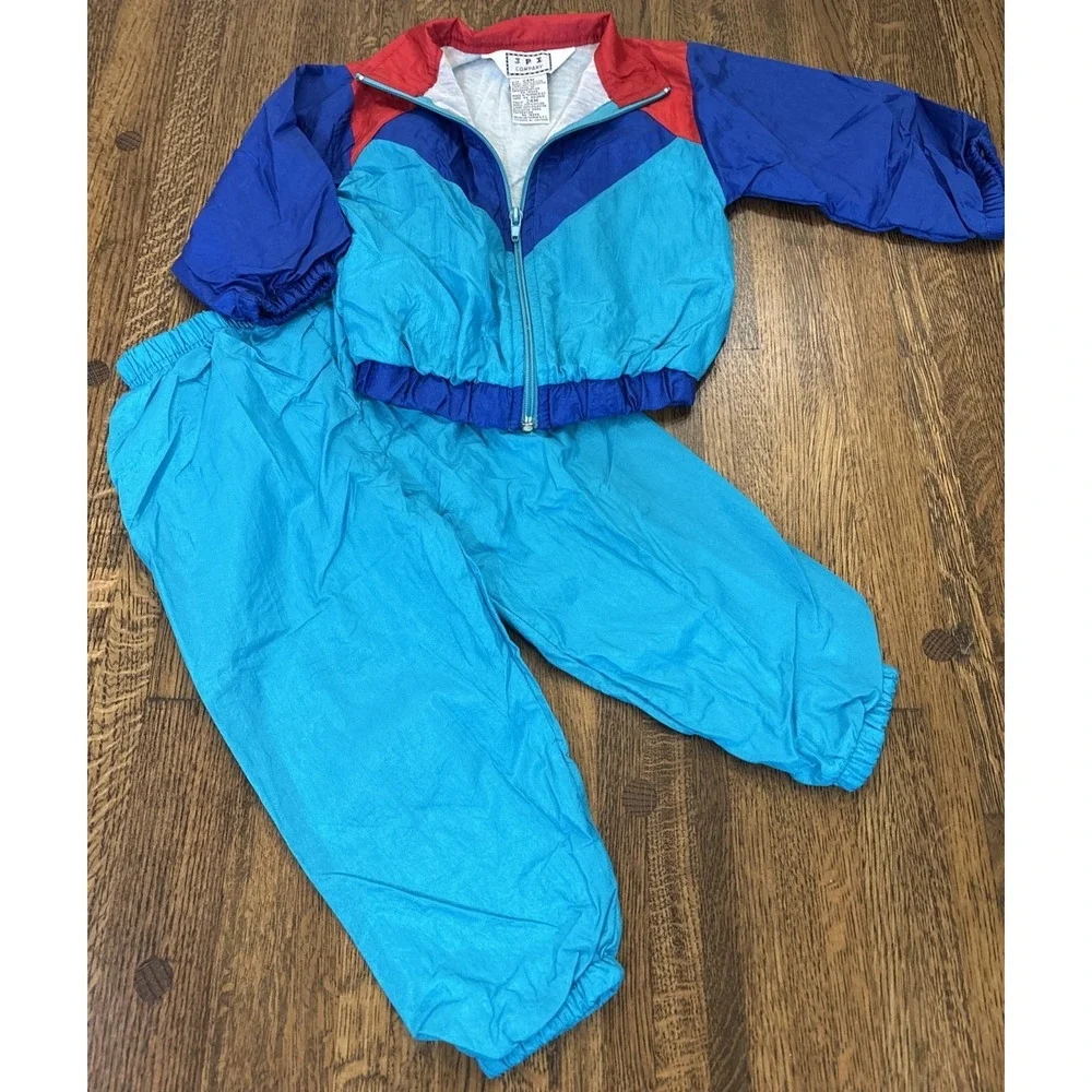 vintage toddler track suit windsuit  1990s 24 month Teal Red Blue